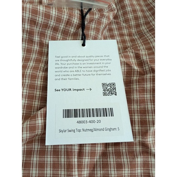 ABLE Skylar Swing Top Nutmeg 100% Cotton Gingham Button Peasant Sleeve S NEW - Picture 5 of 9
